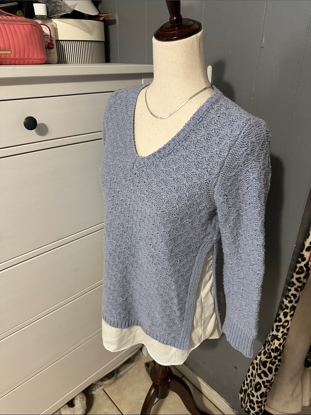 LOFT Soft Dusty Blue V-Neck Textured Knit Sweater